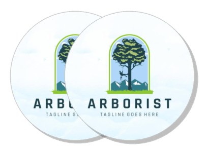 arborist logo design with tree and mountain background template