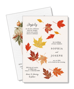 autumn themed wedding invitation with fall leaves illustration template