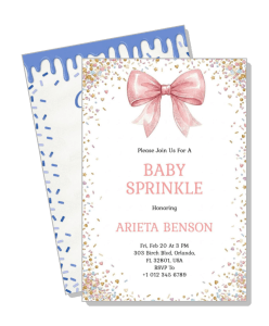 baby sprinkle invitation card with pink bow and glitter design template