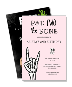 bad two the bone pink birthday invitation with skeleton hand design template