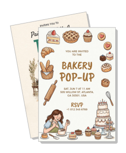 bakery popup invitation card with desserts and baking elements template