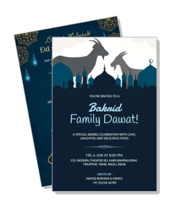 bakrid family dawat invitation cards design with goat and mosque silhouettes template