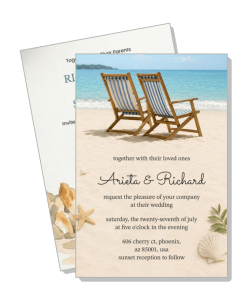 beach theme wedding invitation with deck chairs and seashells template