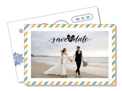 beach wedding save the date card couple walking on sand template
