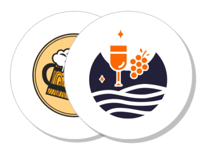 beer mug and wine glass emblems with grapes and waves template