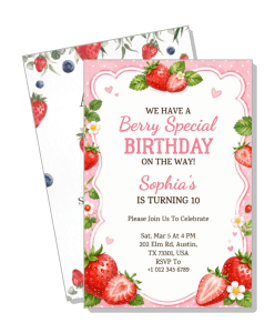 berry themed birthday invitation card for girls with strawberry floral decor template