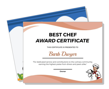 best chef award certificate template with chef illustration