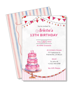birthday invitation pink and white theme with cake and decorations template