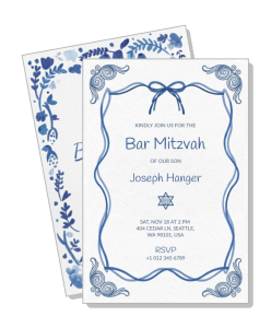 blue and white bar mitzvah invitation card design template