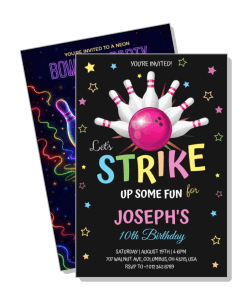 bowling themed 10th birthday party invitation card design strike fun colorful template