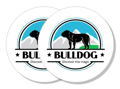 bulldog logo design round sticker with scenic background template