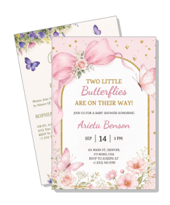 butterfly themed baby shower invitation with pink bows and flowers template