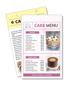 cake shop menu design with dessert options and pricing template