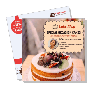 cake shop special occasion cakes advertisement with discount offer and recipe features template