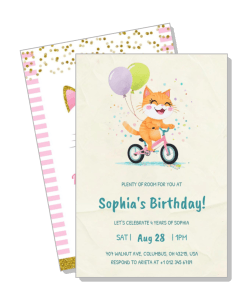 childrens birthday invitation card with cute cat riding bicycle and balloons template