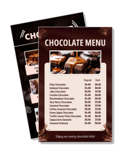 chocolate menu with prices and delicious dessert images template