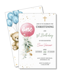 christening first birthday invitation card with bear balloons template