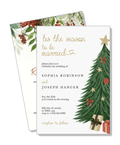 christmas themed wedding invitation card with tree and gifts template
