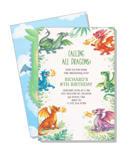 colorful dragon themed birthday invitation for kids party template