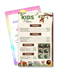 colorful kids menu with animals jungle theme design template