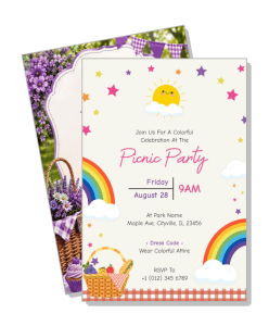 colorful picnic party invitation with rainbow and basket design template