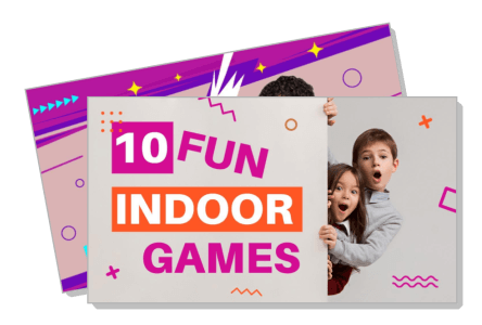 colorful poster featuring kids promoting 10 fun indoor games template