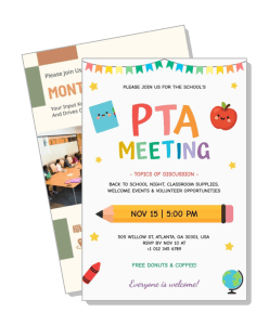 colorful pta meeting invitation flyer with pencils and apple template