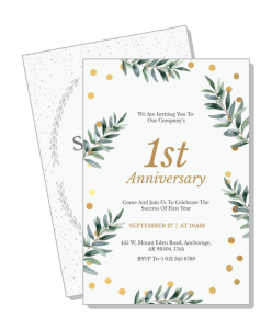 company first anniversary invitation with green leaves gold dots design template