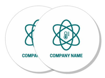 company logo design with atomic symbol and thermometer icon template