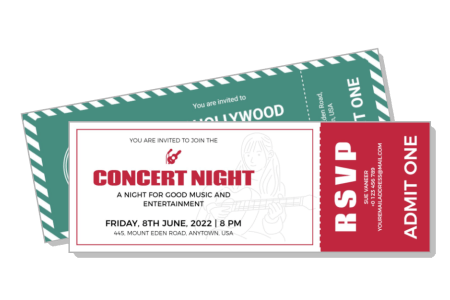concert night event ticket template with rsvp and admit one details