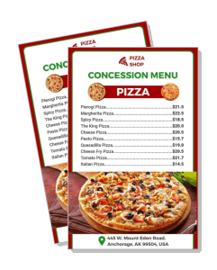concession menu pizza shop with prices and location details template