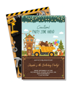 construction themed birthday party invitation design with woodland animals and tools template