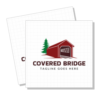 covered bridge logo design with tagline and tree illustration template