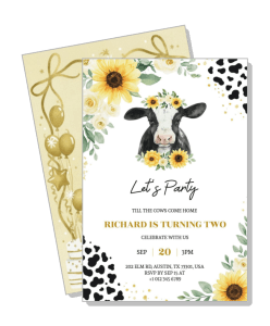 cow themed second birthday invitation with sunflowers and party details template