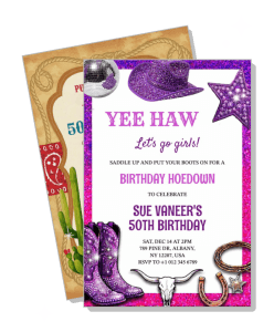 cowgirl theme birthday hoedown invitation with cowboy hat and boots template