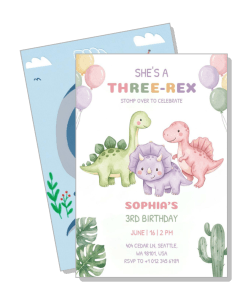 dinosaur theme third birthday invitation pink green purple design template