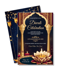 diwali celebration invitation card design with lotus and lanterns template