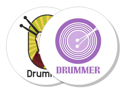 drummer themed illustrative logo design with drumsticks and music symbols template