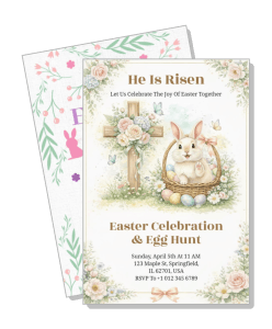 easter celebration invitation with rabbit egg hunt event details and floral design template