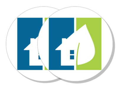 eco friendly house logo design with green leaf and blue background template