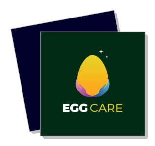 egg care logo design with colorful egg and hands on dark background template