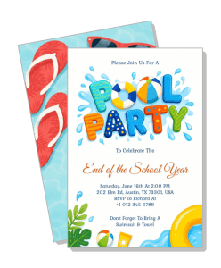 end of school year pool party invitation card design template