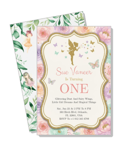 fairy themed first birthday invitation card with floral border template