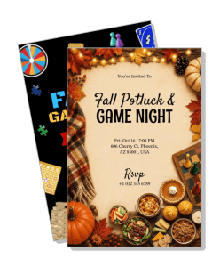 fall potluck game night invitation with autumn festival theme and event details template