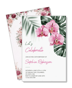 floral birthday invitation celebration card with pink orchid design template