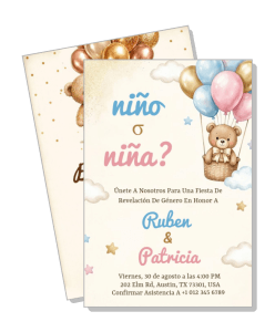 gender reveal party invitation teddy bear clouds balloons spanish design template
