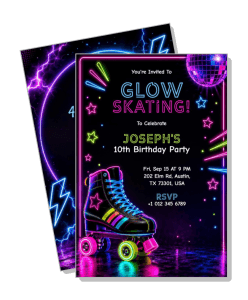 glow skate party invitation neon roller skating theme birthday celebration template