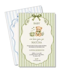 green striped baby shower invitation teddy bear theme template