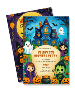 halloween costume party invitation with witch ghosts and jack o lanterns template