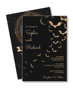 halloween themed wedding invitation with bats and moon design template